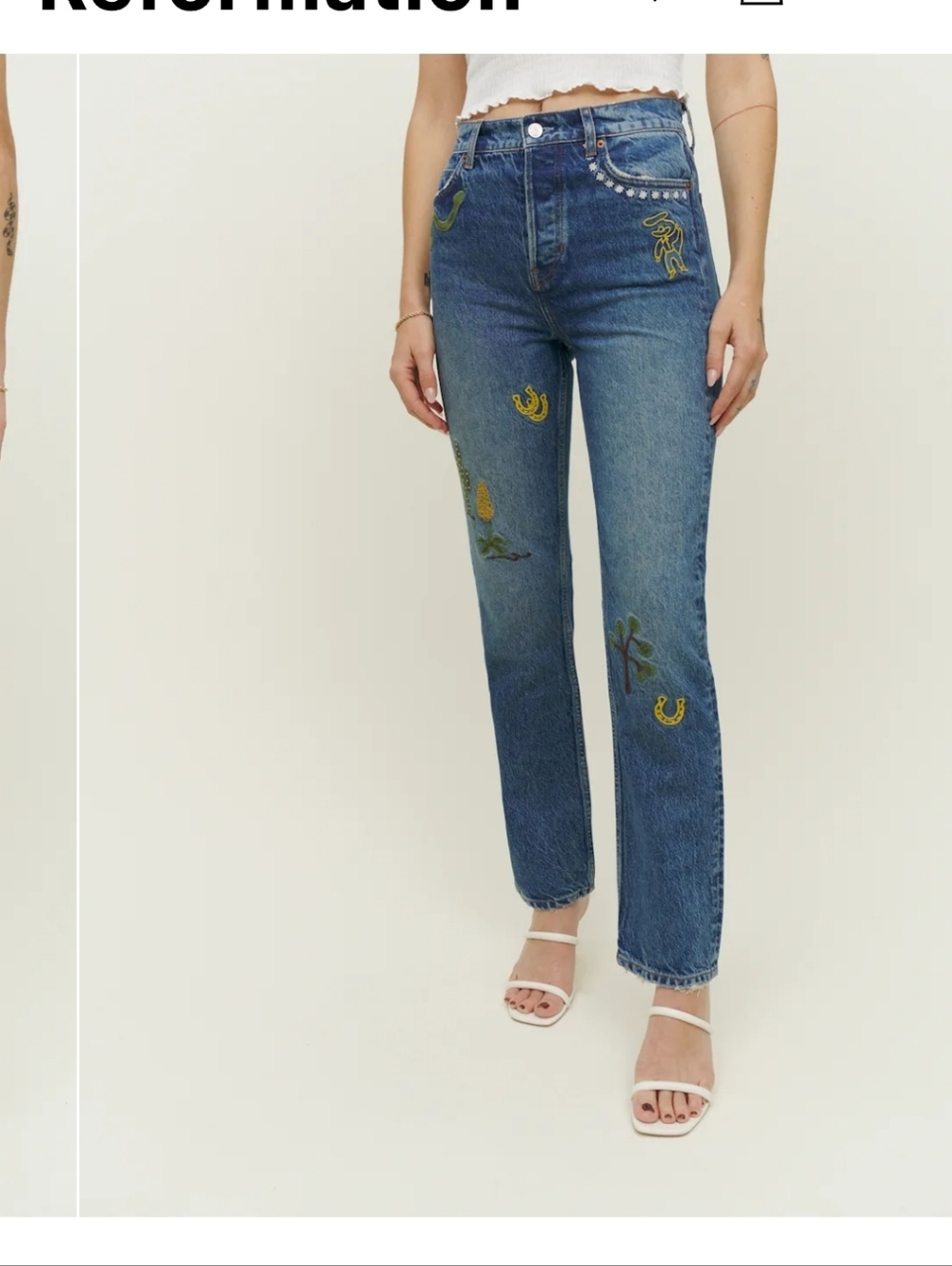 Reformation Blue Straight-Leg Jeans with Yellow & Green Embroidery Juno Size 31 - Picture 5 of 16